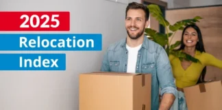 a man holding a box with the title 2025 relocation index