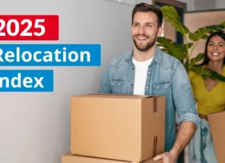 a man holding a box with the title 2025 relocation index