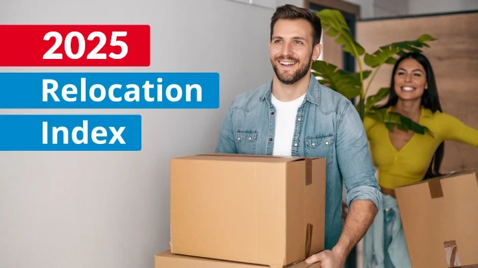 a man holding a box with the title 2025 relocation index