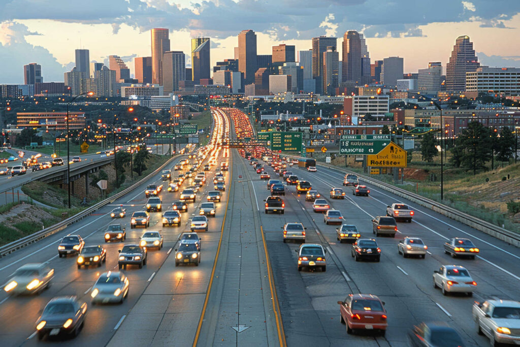 Busy highway leading into downtown Houston at dusk, with heavy traffic in both directions and the city skyline in the background under a partly cloudy sky.