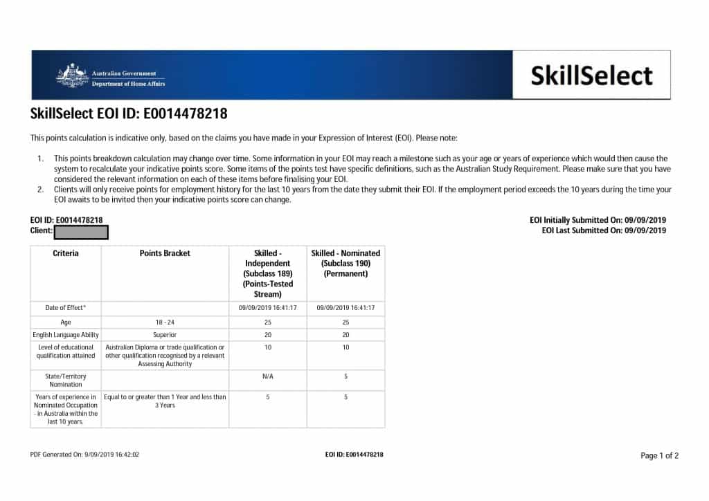 Screenshot of an EOI application on SkillSelect