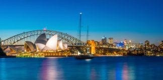 Downtown Sydney skyline in Australia at twilight