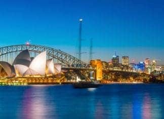 Downtown Sydney skyline in Australia at twilight