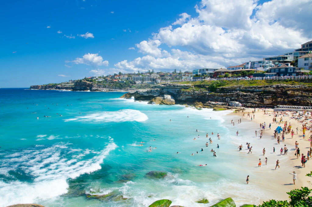 Crowded beach on a hot day at Bondi beach. 