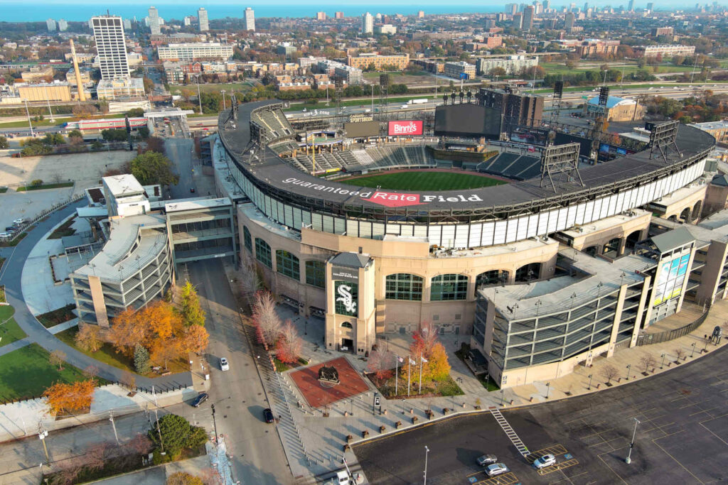 Aerial view of Guaranteed Rate Field, home of the Chicago White Sox, located in the Bridgeport neighbourhood of Chicago.