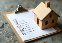 Clipboard checklist with miniature cardboard house on stone background. Moving checklist