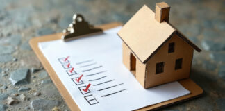 Clipboard checklist with miniature cardboard house on stone background. Moving checklist
