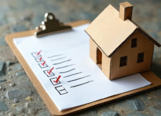 Clipboard checklist with miniature cardboard house on stone background. Moving checklist