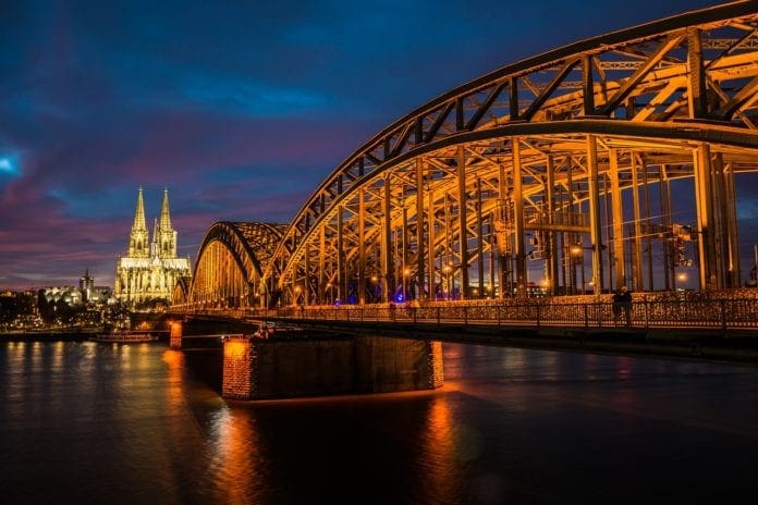 Hohenzollern Bridge with Cologne Cathedral in background.