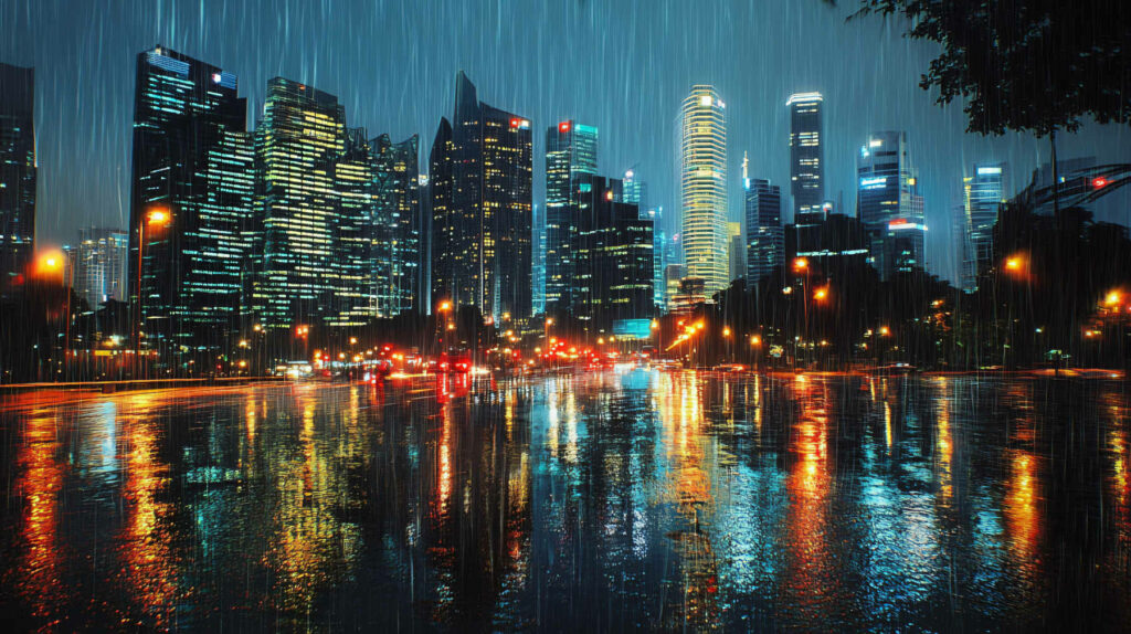 Singapore city skyline at night during heavy rain, with reflections of skyscrapers and street lights on the wet road.
