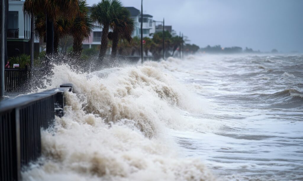 Storm surge crashing over a coastal seawall during severe weather in Miami, highlighting the city’s vulnerability to hurricanes and flooding.