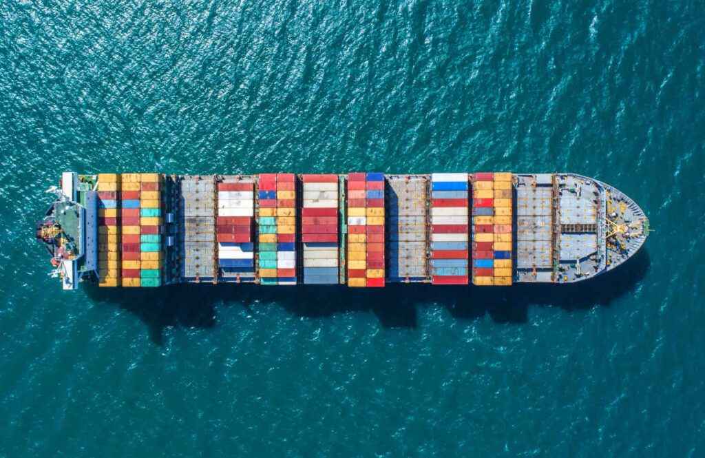 Arial image of a container ship - shipping belongings to New Zealand from the UK.