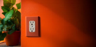 an orange wall with a white Canadian power outlet