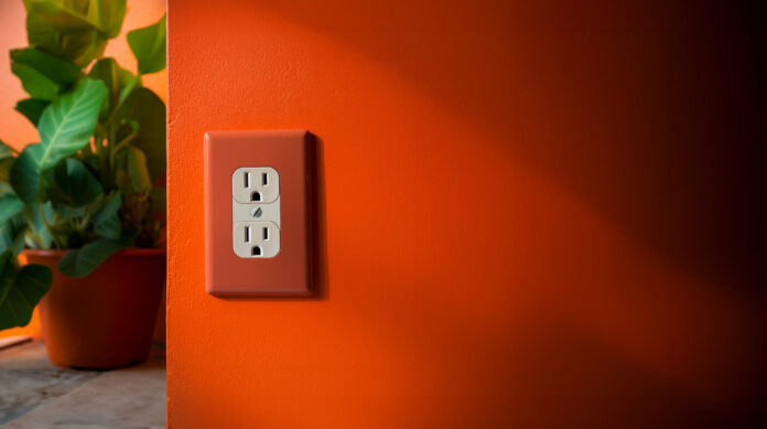 an orange wall with a white Canadian power outlet