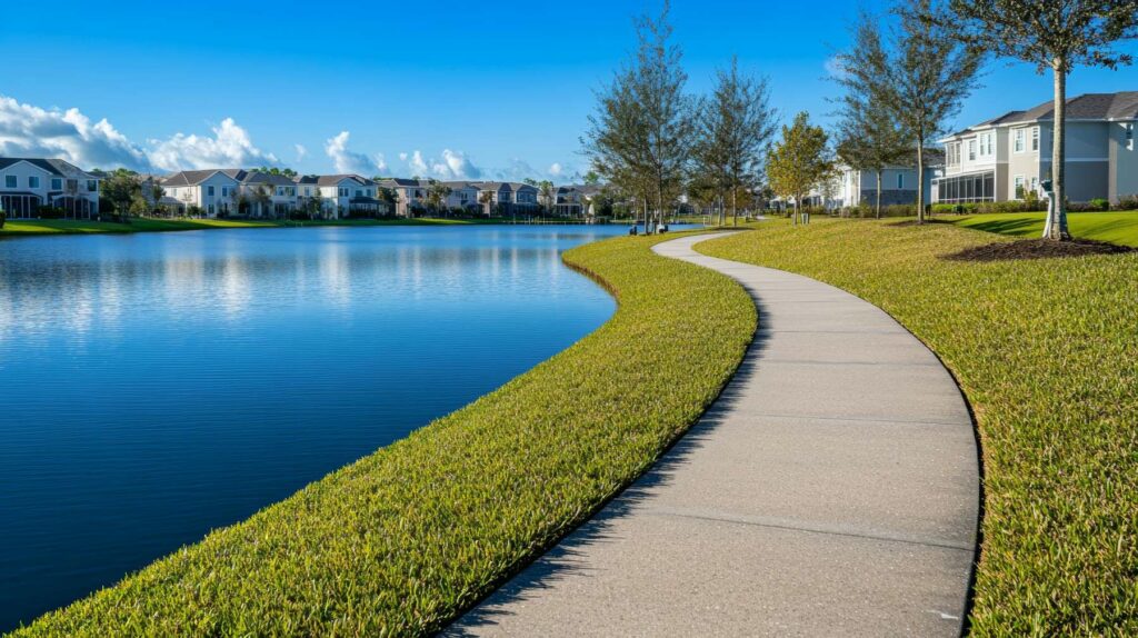 Curved lakeside walking path in Lake Nona, Florida, lined with modern homes and manicured greenery under a clear blue sky.