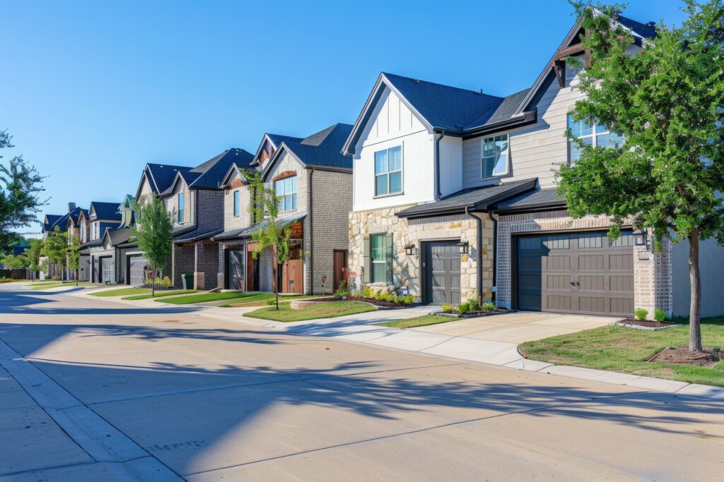 Row of modern homes with neatly manicured lawns on a sunny day in a suburban neighborhood in Dallas, showcasing affordable housing options for new residents.
