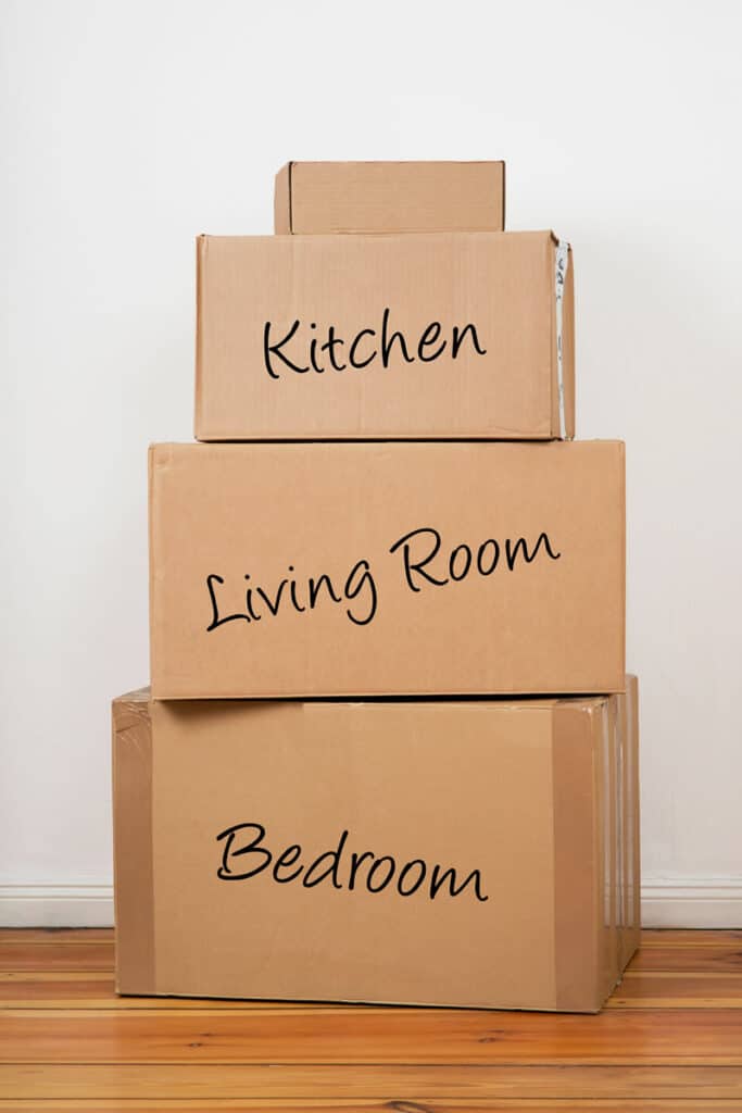 stack of labelled boxes ready for an international move