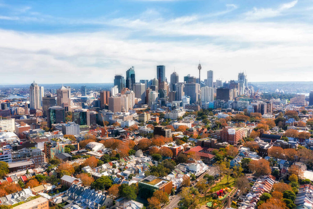 Aerial view from Inner city Surry Hills suburb on a sunny day.