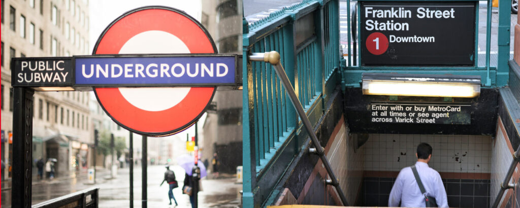 London Underground entrance sign cut with a New York Subway entrance.