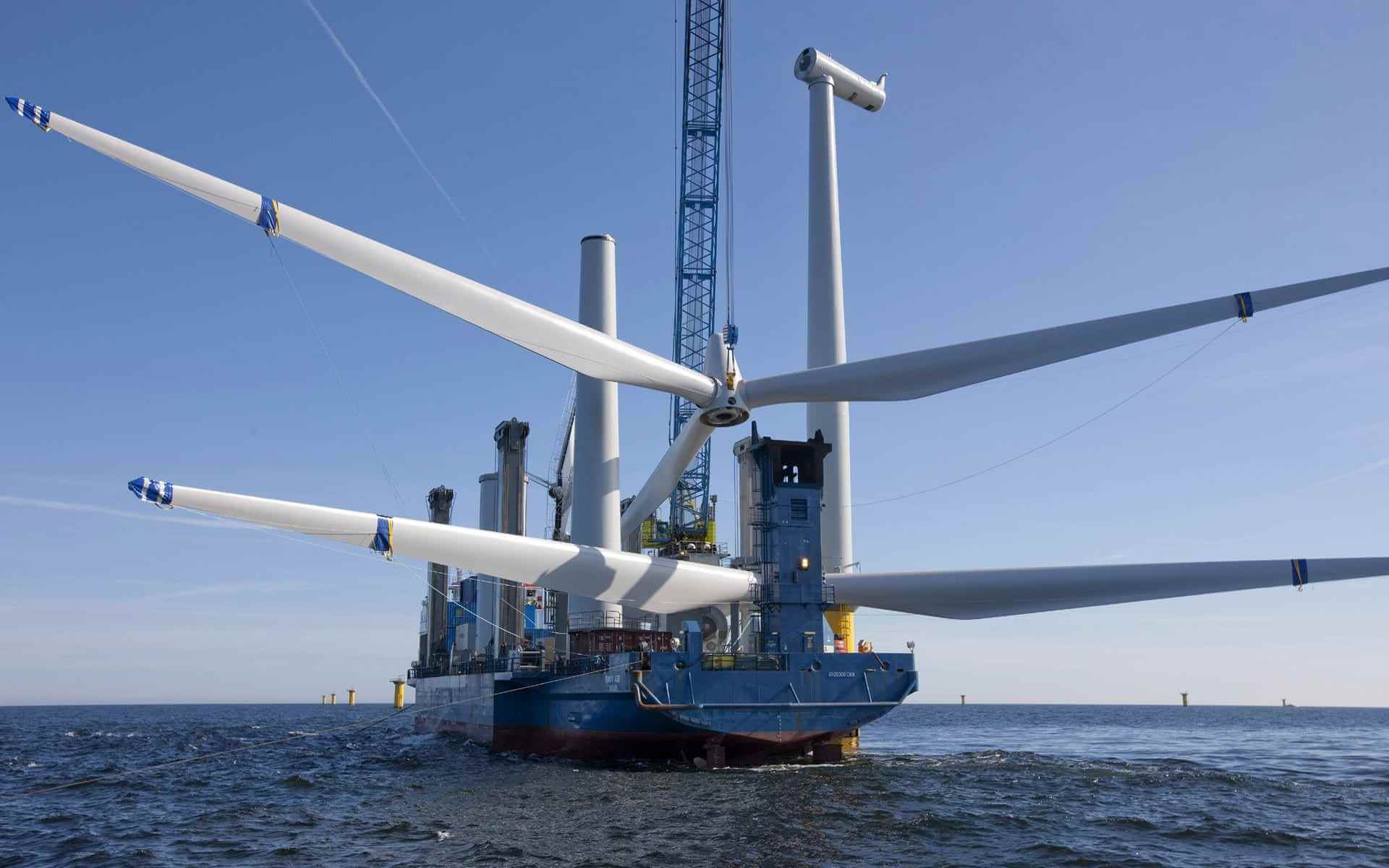 Turbines being constructed from the shipping vessel.