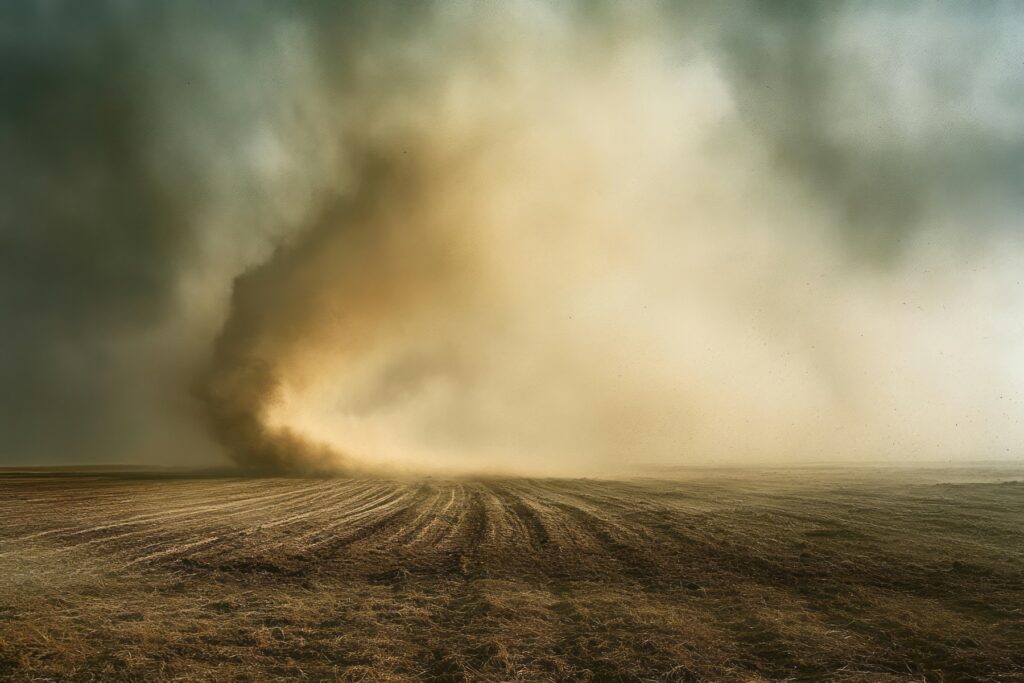 A dramatic image of a tornado forming over a vast field, illustrating the extreme weather conditions, such as tornadoes and thunderstorms, that are common in Dallas.