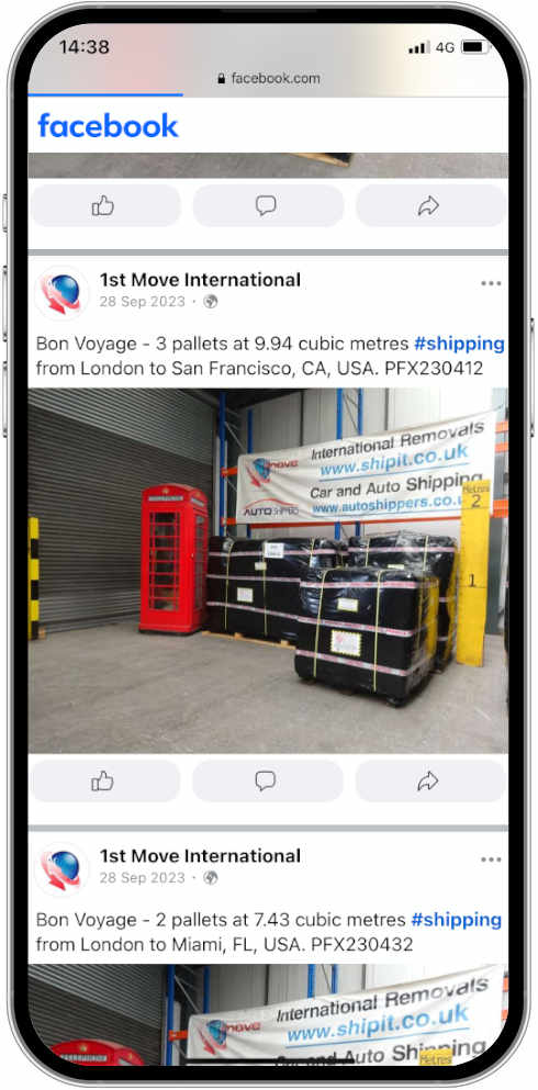 Photos of all international removals shipments are posted immediately to Facebook and shared with you once packed.